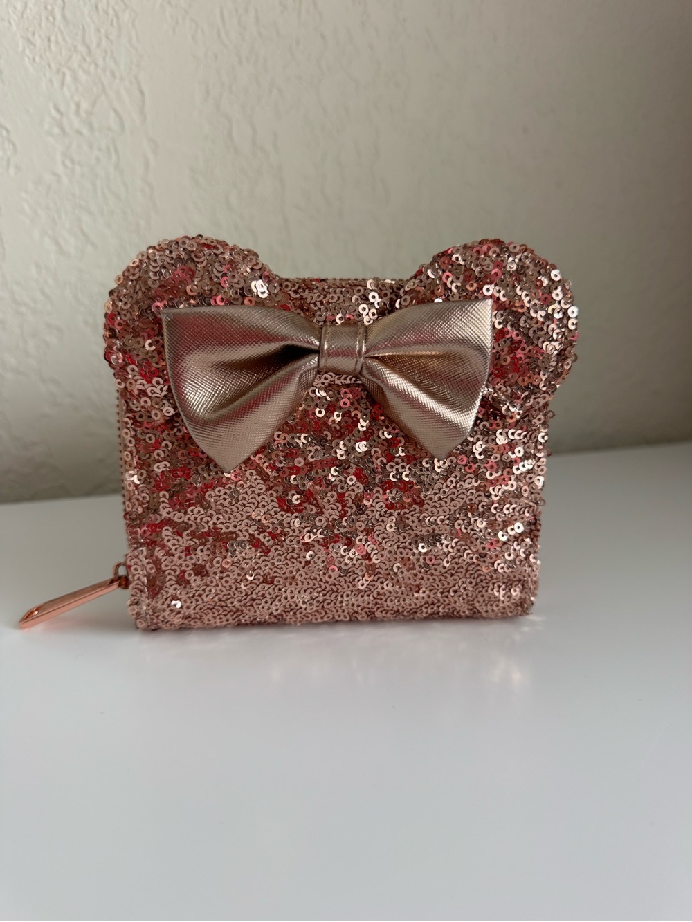 EUC - Disney Parks Loungefly Rose Gold Sequin Minnie Mouse Bow Wallet